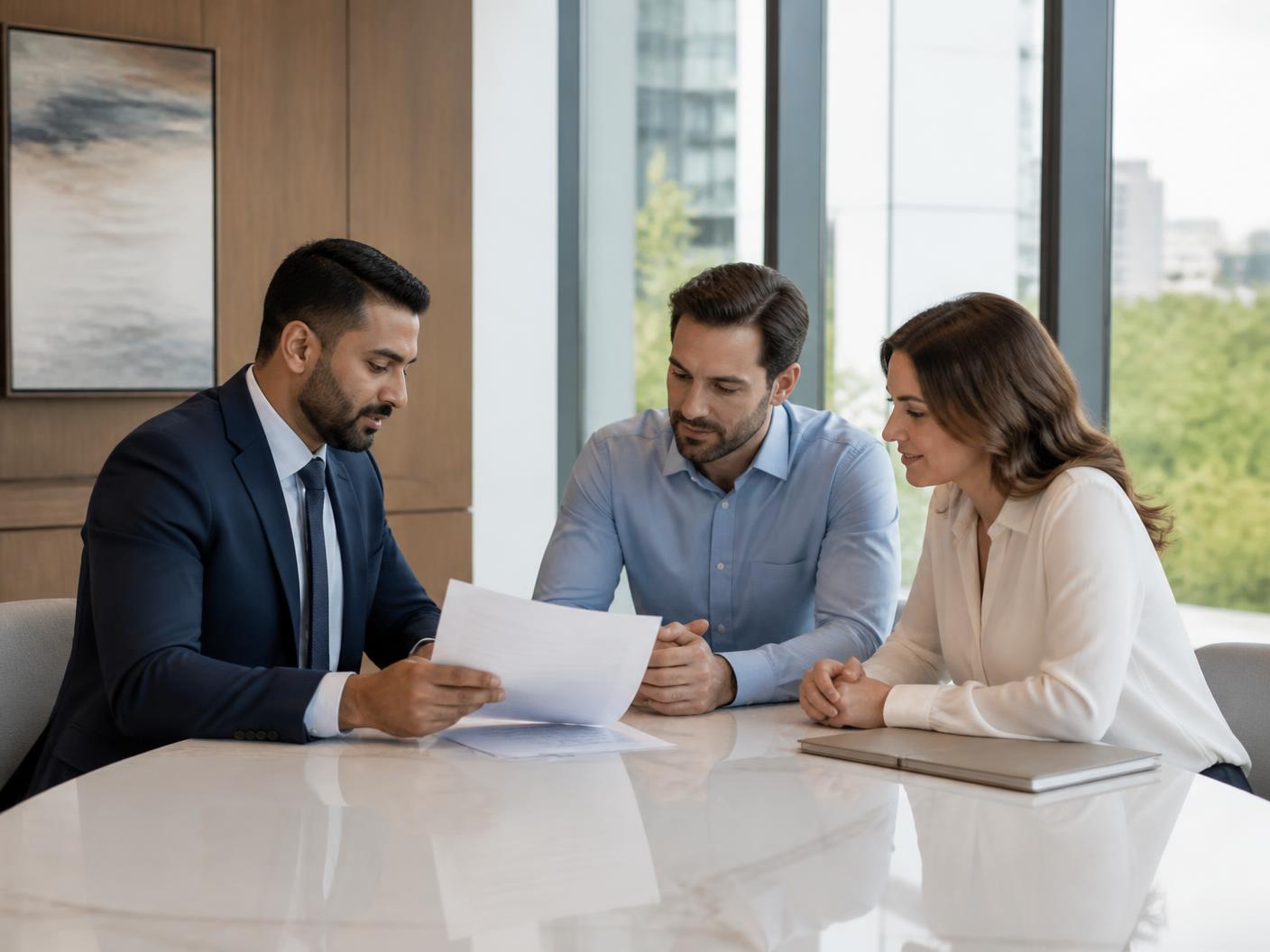 A settlement professional reviewing closing documents with clients at a conference table